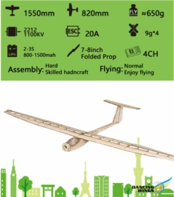 DW Models Griffen Glider Balsa Kit 1.5M (with 1100kv Motor -20amp ESC -Prop)